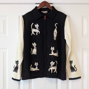 90s Vintage Tanjay Cat Grandma Sweater Size XL Heart Shaped Zipper Black & White